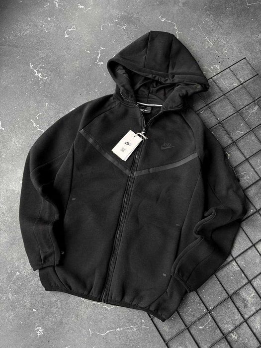 Зіп худі Nike Tech Fleece на флісі тепле чорне біле з капюшоном (S-XXL)