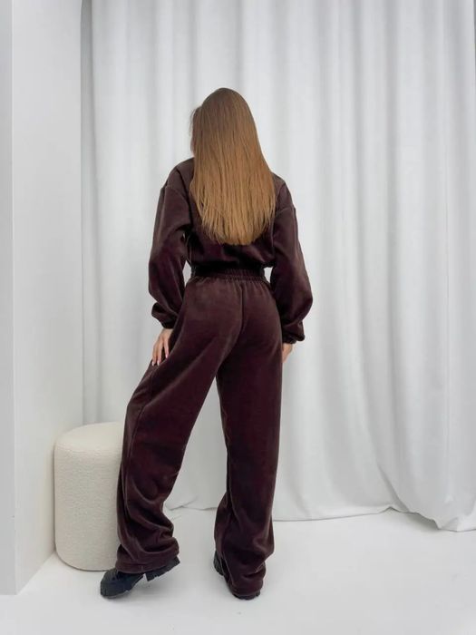 Трендовий флісовий комбінезон шоколадний костюм на блискавці палаццо