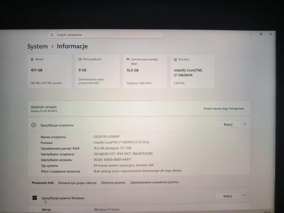 MSI Katana 15 HX B14WFK-605XPL i7-14650HX / 16 GB / 512 GB / RTX 5060