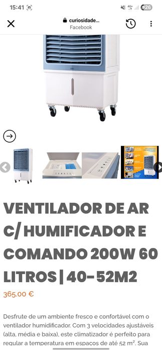 VENTILADOR DE AR ​​c/humidificador  e comando 200W 60 LITROS