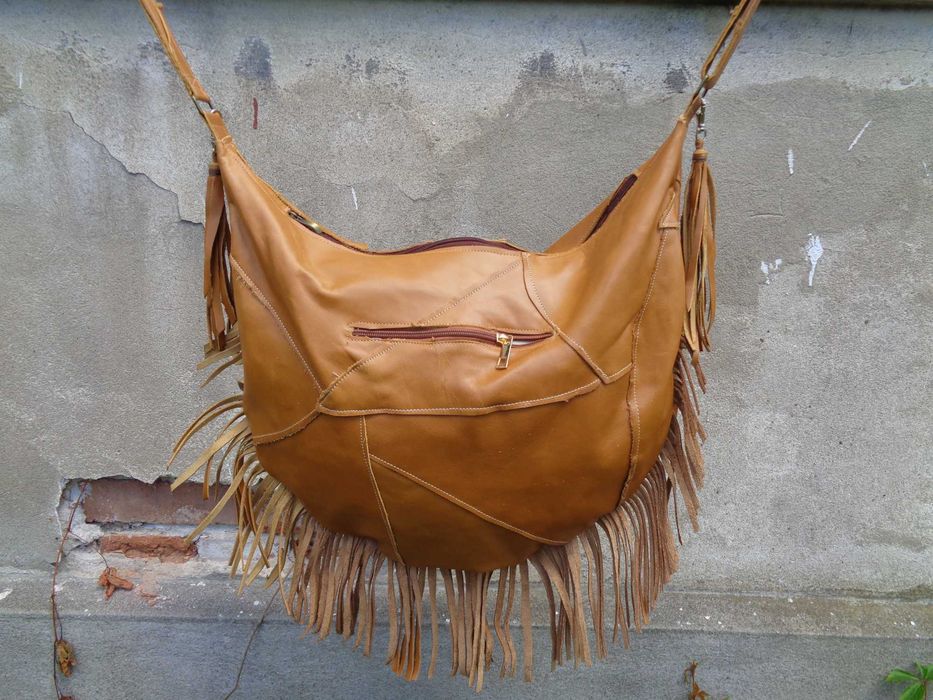 Artystyczna duża beżowa torebka skórzana. Handmade