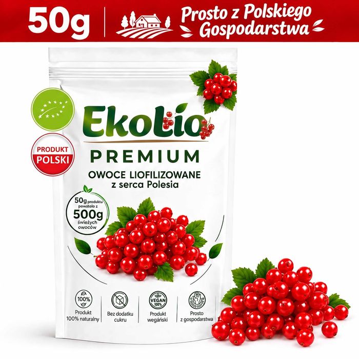 Porzeczki Czerwone Liofilizowane EKOLOGICZNE - Chrupiące 100% Fit 50 g -  EkoLio