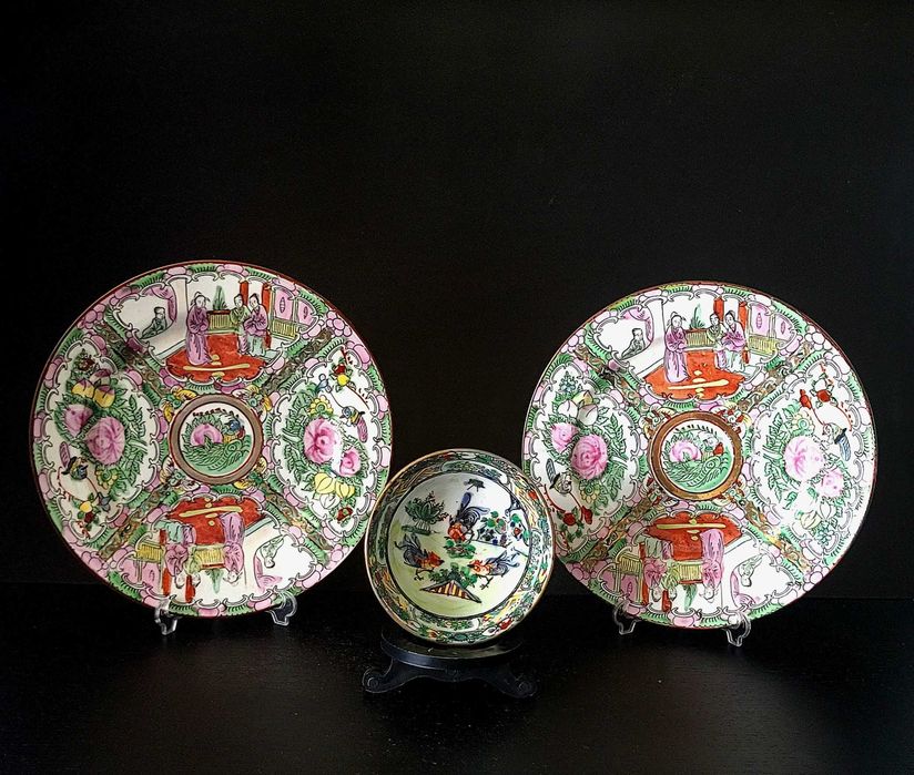 Conjunto de 2 pratos e uma tigela em porcelana chinesa