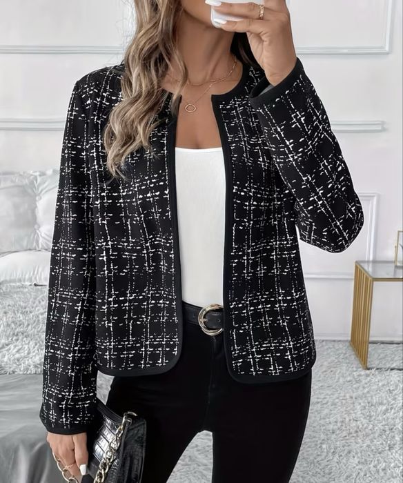 Marynarka damska bluza długi rękaw czarna biała narzutka L