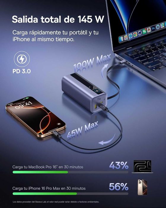 PowerBank 20000mAh Baseus 145W Cabo USB-C Integrado