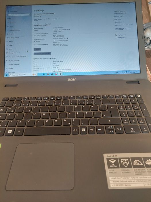 Acer E5-772 G ekr 17,3" i5-4210U 4x1,7GHz SPRAWNY USB3, ram  ddr3 12GB