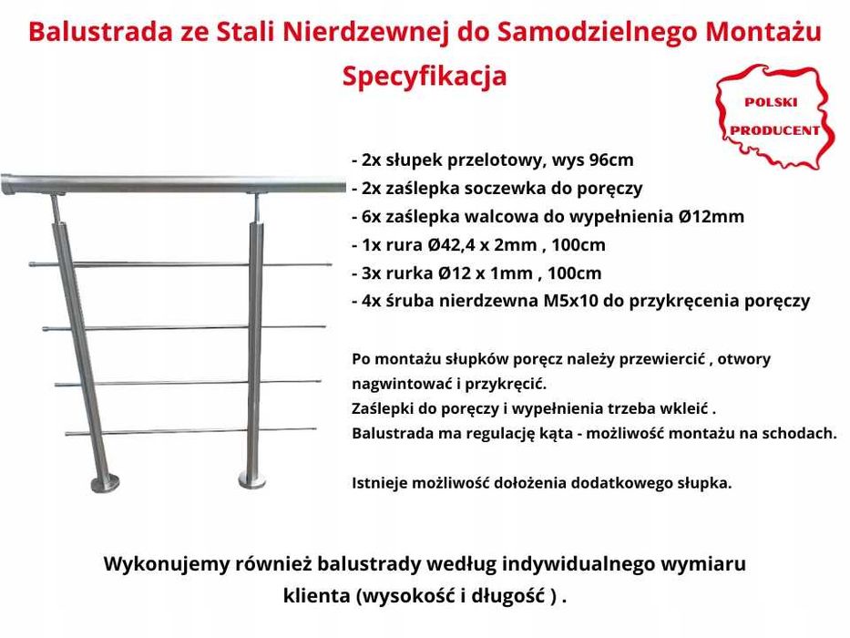 Balustrada Barierka Poręcz ze Stali Nierdzewnej PEŁNY SYSTEM MONTAŻOWY WYSYŁKA DOSTAWA