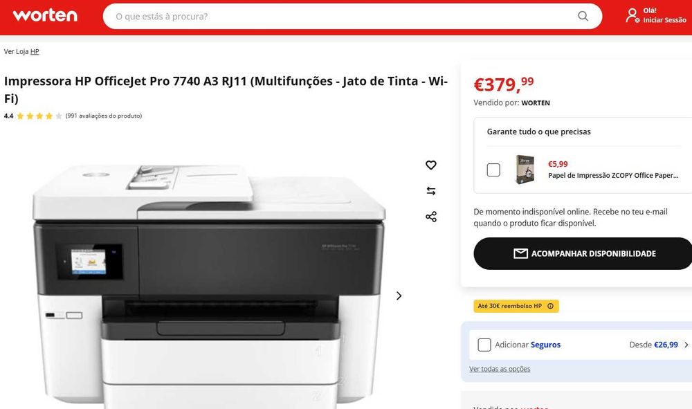Impressora Multifunções a cores HP Officejet Pro 7740
