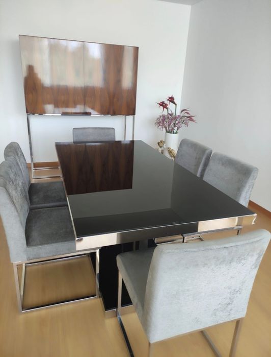 Mesa de Jantar em Inox, Vidro e Madeira + 6 Cadeiras