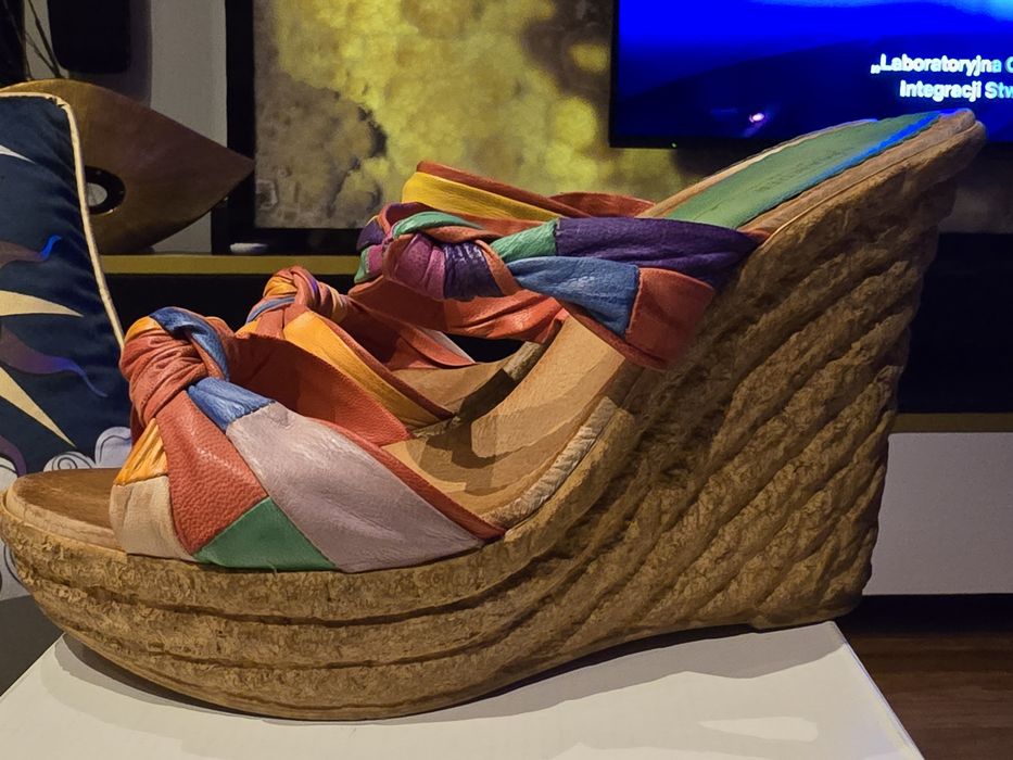 Buty Salamander 39 skóra korek klapki lato szpilki kolorowe ziel pomar