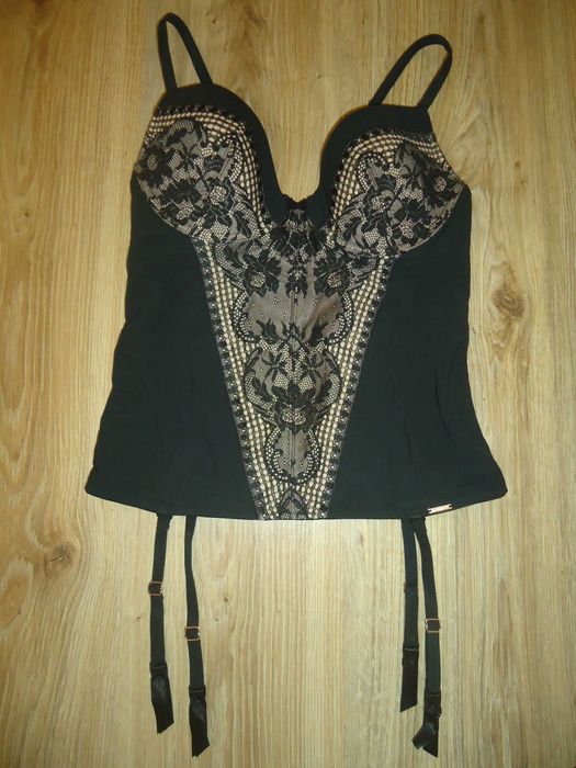 Mark&Spencer Czarno-beżowy gorset z zapinkami do pończoch 75 C/UK 34 C