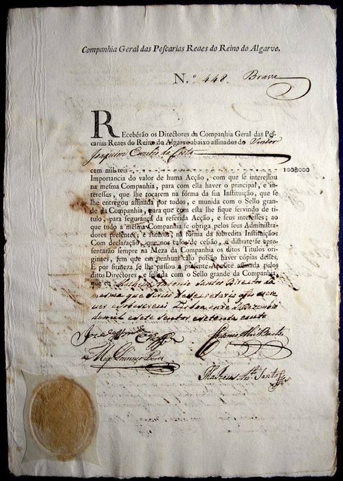 RARÍSSIMA! Ação da Companhia Pombalina das Pescarias do Algarve - 1778