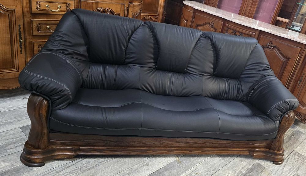 Skórzana Kanapa Na Dębowym Stelażu / Nowa Tapicerka / Skóra Naturalna