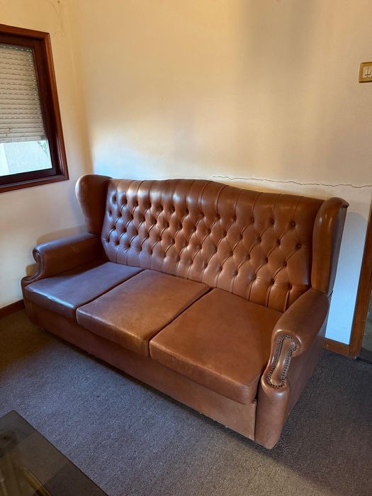 Sofás em pele ( 1 sofá cama e 2 cadeirões)