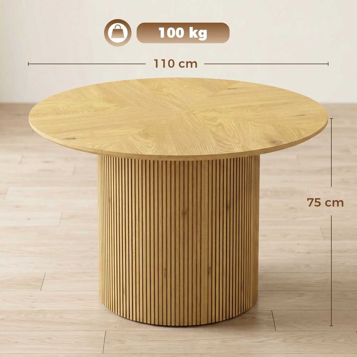Mesa de Jantar Redonda Moderna para 4-6 Pessoas, Mesa de Cozinha de 110 cm com Base Cilíndrica Canelada, Carvalho