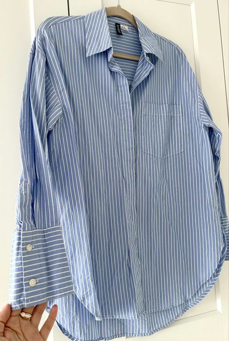 Błękitna bawelniana długa koszula w paski H&M oversize r.XS