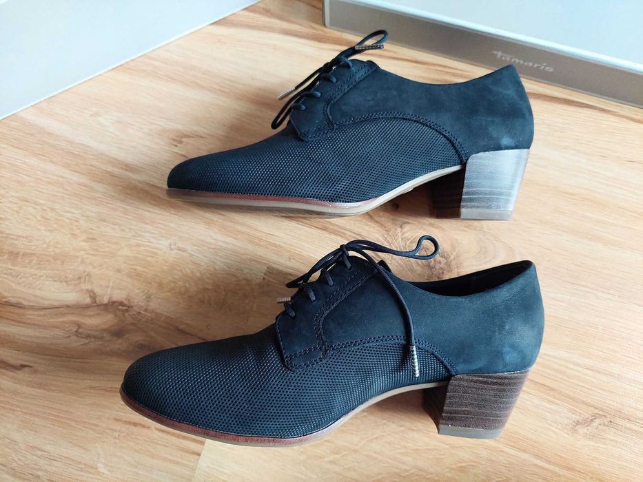 skórzane buty tamaris 37 półbuty granatowe podeszwa anti-slide wiązane