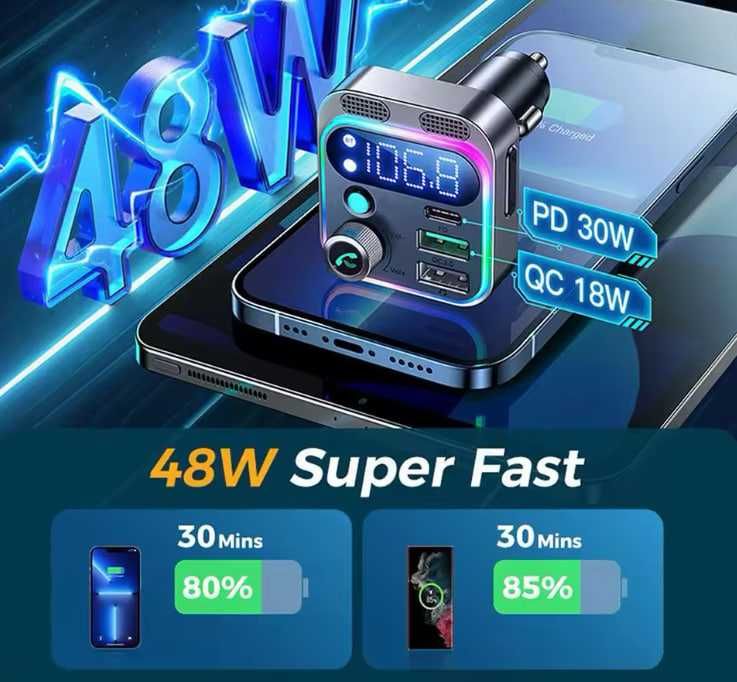 Bluetooth FM трансмітер для авто. 48W швидка зарядка | AUX / USB.