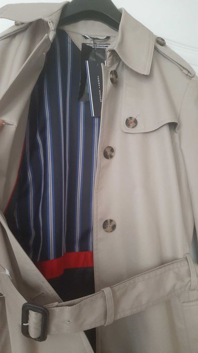 TOMMY HILFIGER r M przejściowy płaszcz trencz beżowy prochowiec krótki