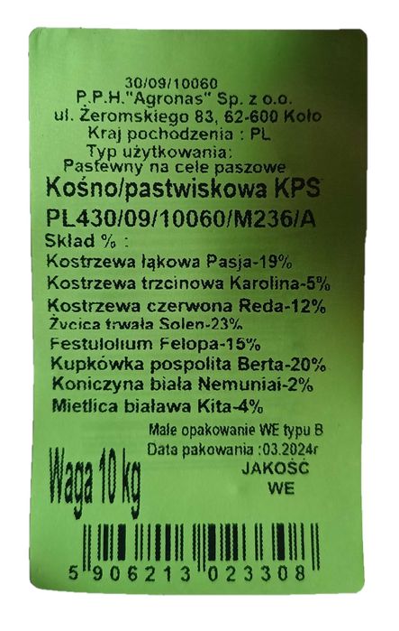 Mieszanka traw KPS, Mieszanka traw dla krów, dla koni, worek 10 kg