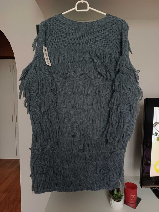 Nowy kardigan włochacz frędzle grafit mop