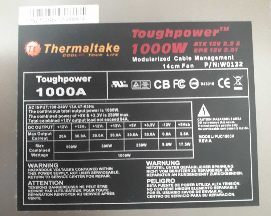 Fonte de alimentação – Thermaltake Toughpower Cable Management 1000 W – W0132 - Active PFC