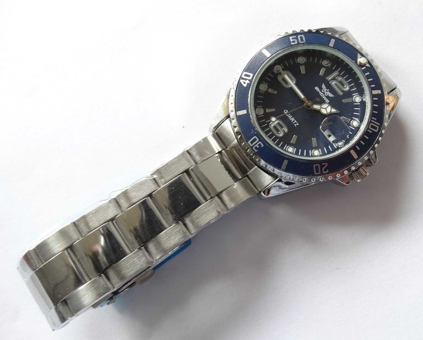 Zegarek męski granatowy z bransoletą datownik z lupą luma sportowy