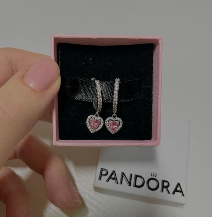 Срібні сережки Pandora оригінал Рожеве Серце з блискучим ореолом