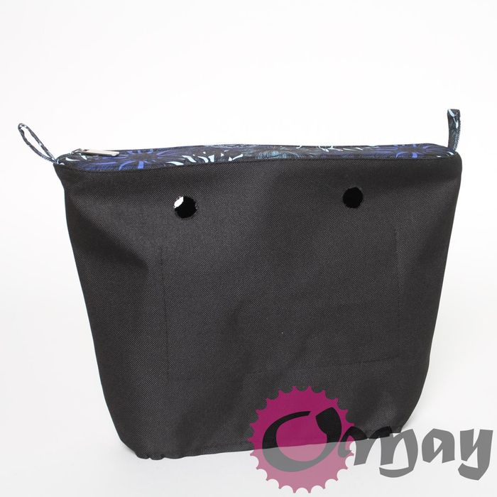 Czarny organizer OBAG MINI kwiaty niebieskie 2 kieszenie wkład OMAY.PL