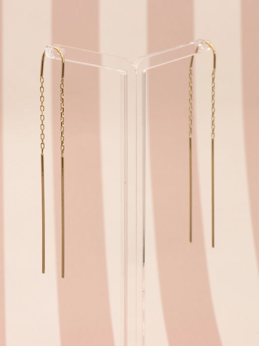 Złote 585 kolczyki przeciągane wiszące łańcuszki, nowe