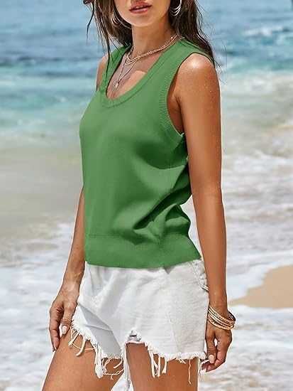 Damski top bez rękawów prążkowany letni bluzka basic casual S zielony