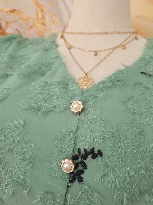 Długa Sukienka Midi Z Długim Bufiastym Rękawem Szałwiowa L