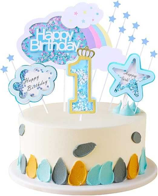 Dekoracja tortu 1 urodziny chłopca topper Happy Birthday niebieski