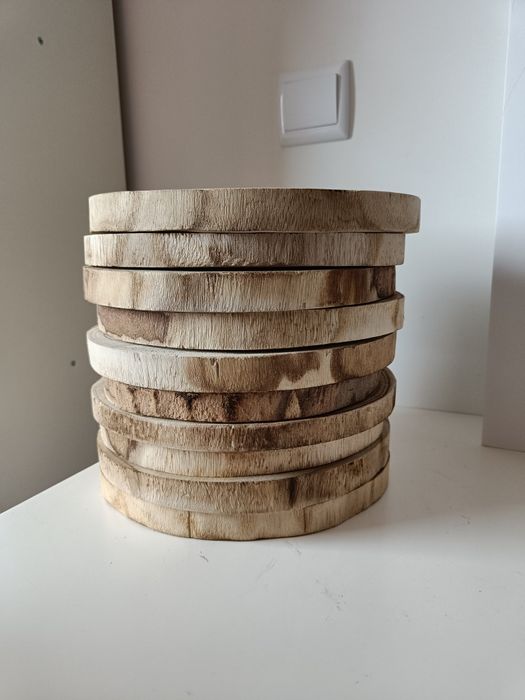 10 rodelas de madeira decorativas (Espaço Casa) com 23 cm de diâmetro