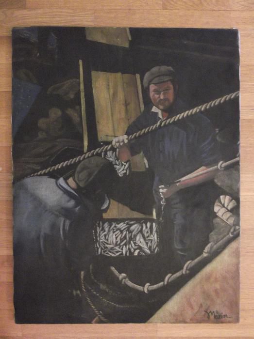 Quadro antigo pintado em tela (pescadores), assinado Marin.