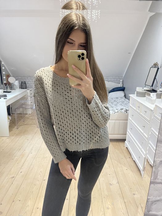 Sweter ażurowy cyrkonie vero moda szary