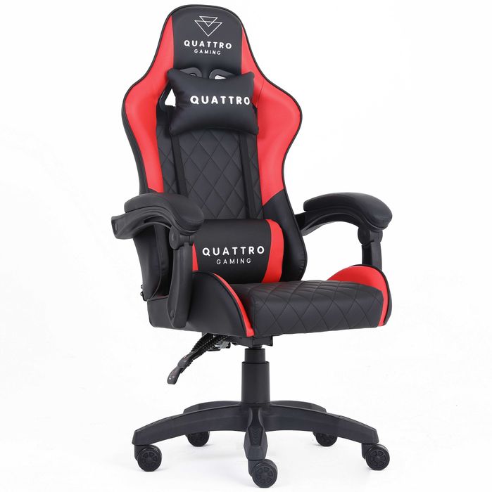 Fotel Gamingowy Quattro Carbon Red z Wysuwanym Podnóżkiem i Pikowanym Obiciem
