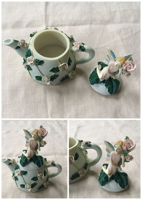 Conjunto de seis bules miniatura com motivo de fadas em porcelana