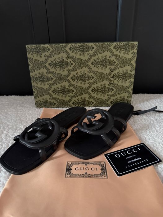 Klapki Gucci nowe czarne box Logo top 38