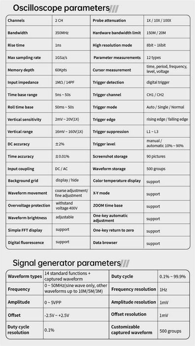 Osciloscópio Tablet 2CH + Gerador de Sinais 350MHz 1GSPS  Português
