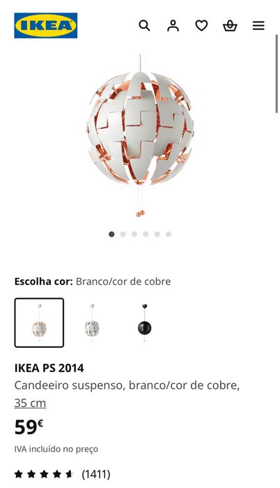 Candeeiro IKEA PS 2014 – branco e cobre, design retrátil
