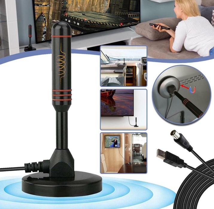 Cyfrowa  Antena Telewizora 360° Odbiór do  DVB-T2, Z Podstawą Magnetyc