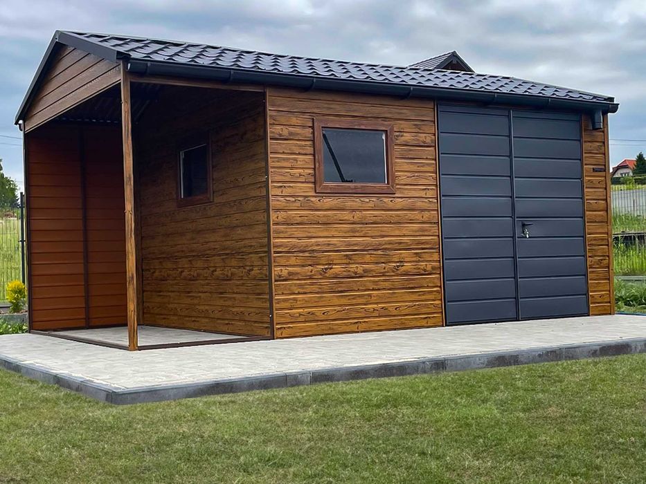 Domek ogrodowy 4x3m + wiatka Okno Blachodachówka Rynna - złoty/grafit