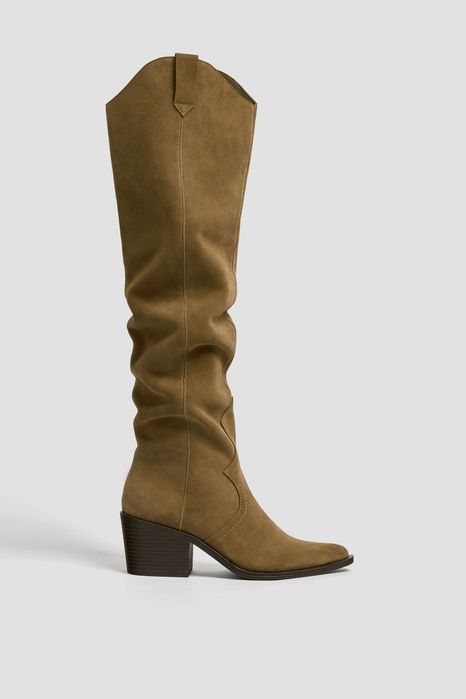 SKÓRZANE Kozaki 38 Buty Botki Brązowe Camel Kowbojki Obcasie za Kolano