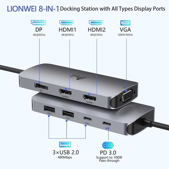 Док-станція LIONWEI USB C  4K HDMI, DP, VGA 100 Вт PD, 3 USB C/A 2.0
