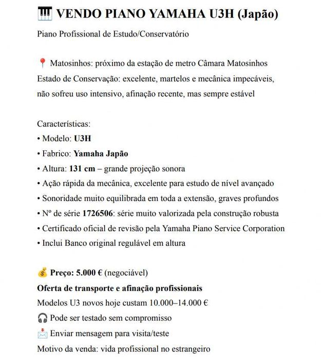 Piano Yamaha U3H - em excelente estado