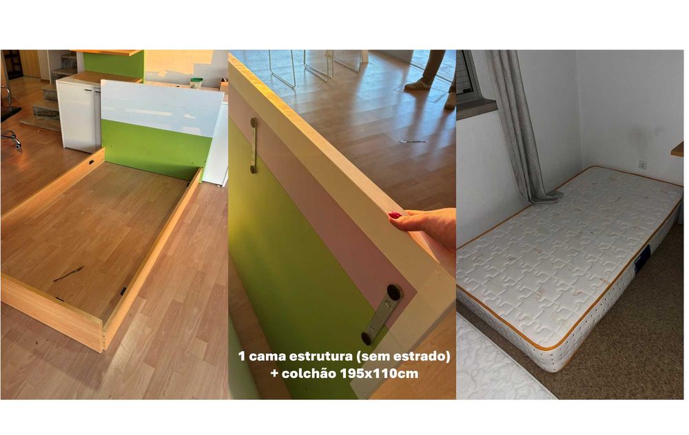 quarto juvenil: cama, roupeiro, secretária, 2 mesinhas, prateleira