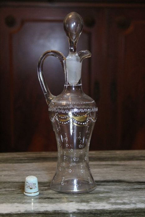 Jarra de vidro soprado vintage, pintada à mão, anos 50.