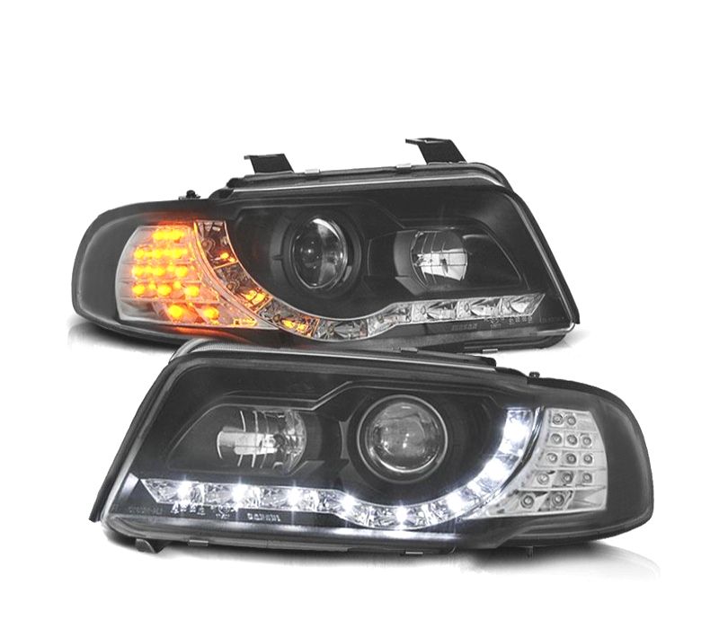 FARÓIS COM LUZ DIURNA LED AUDI A4 B5 99-01 FUNDO PRETO