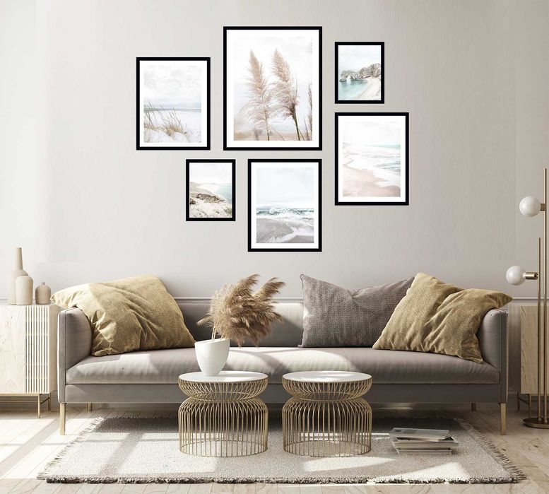 6x ZESTAW OBRAZ W RAMIE PLAKATY RAMKA boho trawa pampasowa morze